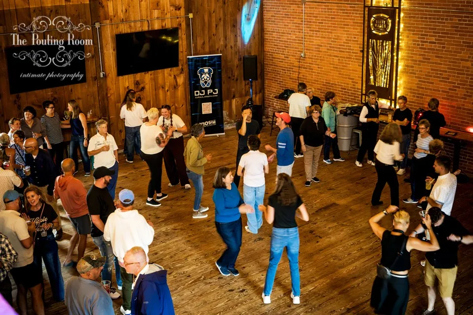 An overhead view of the crowd dancing in the Dirty Water taproom